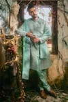 Shop_Varun Chakkilam_Aqua Organza, Satin, Lycra Embroidery Hatchedline Sherwani Set With Stole _Online_at_Aza_Fashions