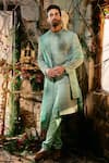 Varun Chakkilam_Aqua Organza, Satin, Lycra Embroidery Hatchedline Sherwani Set With Stole _Online_at_Aza_Fashions