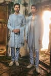 Varun Chakkilam_Sky Blue Twill, Silk, Satin, Azure Royale Geometric Sherwani Set With Stole _at_Aza_Fashions