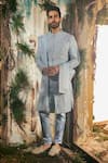 Shop_Varun Chakkilam_Sky Blue Twill, Silk, Satin, Azure Royale Geometric Sherwani Set With Stole 
