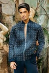 Shop_Varun Chakkilam_Navy Organza, Polyester Embroidery Regal Horizon Bomber Jacket And Pant Set _at_Aza_Fashions