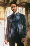 Shop_Varun Chakkilam_Navy Twill, Satin, Polyester Embroidery Ebon Luxe Open Jacket Kurta And Pant Set _at_Aza_Fashions