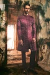Buy_Varun Chakkilam_Burgundy Twill, Polyester Embroidery Arabesque Pattern Sherwani And Pant Set _at_Aza_Fashions