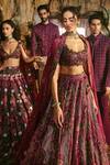 Varun Chakkilam_Burgundy Twill, Polyester Embroidery Arabesque Pattern Sherwani And Pant Set _Online_at_Aza_Fashions