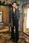 Buy_Varun Chakkilam_Black Organza, Polyester, Shadow Geometric Pattern Open Jacket Kurta And Pant Set _at_Aza_Fashions