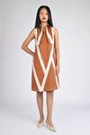 Buy_Veera Wear_Rust Cotton, Denim Fringe Collared Terracotta Chevron Zip Dress _at_Aza_Fashions
