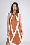 Veera Wear_Rust Cotton, Denim Fringe Collared Terracotta Chevron Zip Dress _Online_at_Aza_Fashions