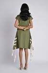 Shop_Veera Wear_Olive Green Cotton, Denim Fringe Collared, V-neck Nomad Dress _at_Aza_Fashions
