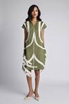 Buy_Veera Wear_Olive Green Cotton, Denim Fringe Collared, V-neck Nomad Dress _at_Aza_Fashions