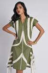 Buy_Veera Wear_Olive Green Cotton, Denim Fringe Collared, V-neck Nomad Dress _Online_at_Aza_Fashions