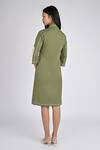 Shop_Veera Wear_Olive Green Cotton, Denim Collared, V-neck Verdant Ascent Dress _at_Aza_Fashions