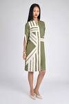 Buy_Veera Wear_Olive Green Cotton, Denim Collared, V-neck Verdant Ascent Dress _at_Aza_Fashions