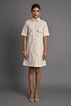 Buy_Veera Wear_Off White Denim Pearls Collared Ivory Shell Dress _Online_at_Aza_Fashions