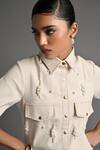 Veera Wear_Off White Denim Pearls Collared Ivory Shell Dress _at_Aza_Fashions
