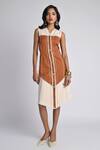 Buy_Veera Wear_Rust Cotton, Denim Fringe V-neck Horizon Trace Dress _at_Aza_Fashions