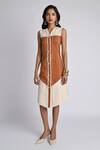 Buy_Veera Wear_Rust Cotton, Denim Fringe V-neck Horizon Trace Dress _Online_at_Aza_Fashions