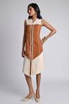Shop_Veera Wear_Rust Cotton, Denim Fringe V-neck Horizon Trace Dress _Online_at_Aza_Fashions