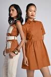 Buy_Veera Wear_Rust Cotton, Denim Collared Vista Loop Dress _Online_at_Aza_Fashions