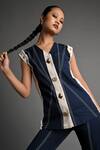 Shop_Veera Wear_Navy Cotton, Denim Studs V-neck Circuit Top _Online_at_Aza_Fashions