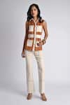 Shop_Veera Wear_Rust Cotton, Denim Buckles, Studs Collared Safari Luxe Top And Trouser Set _at_Aza_Fashions