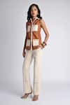 Veera Wear_Rust Cotton, Denim Collared Safari Luxe Utility Top _Online_at_Aza_Fashions