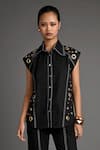 Veera Wear_Black Cotton Studs, Metallic Thread Collared Noir Ember Shirt _Online_at_Aza_Fashions