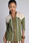 Buy_Veera Wear_Olive Green Cotton, Denim V-neck Urban Terrain Shirt _at_Aza_Fashions