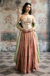 SAANJH BY LEA_Beige Organza Mirrors Sweetheart Neck Mehar And Floral Corset Lehenga Set _Online_at_Aza_Fashions