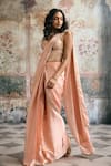 SAANJH BY LEA_Peach Satin, Georgette Zari, Sequins, Lehar Pre-draped Saree And Corset Set _Online_at_Aza_Fashions