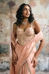 Buy_SAANJH BY LEA_Peach Satin, Georgette Zari, Sequins, Lehar Pre-draped Saree And Corset Set _Online_at_Aza_Fashions