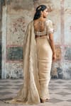 Shop_SAANJH BY LEA_Beige Organza Sequins, Zari, Aarzoo Pre-draped Scalloped Saree And Blouse Set _at_Aza_Fashions