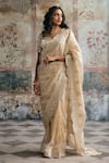 Shop_SAANJH BY LEA_Beige Organza Sequins, Zari, Aarzoo Pre-draped Scalloped Saree And Blouse Set _Online_at_Aza_Fashions