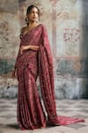 Buy_SAANJH BY LEA_Maroon Modal, Satin Embroidery, Beads Meira Ajrakh Print Pre-draped Saree Set _Online_at_Aza_Fashions