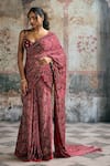 Shop_SAANJH BY LEA_Maroon Modal, Satin Embroidery, Beads Meira Ajrakh Print Pre-draped Saree Set _Online_at_Aza_Fashions