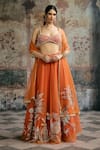 Shop_SAANJH BY LEA_Orange Tulle Embroidery, Sequins, Zari, Pearls, Beads Sahana Hand Lehenga Set _Online_at_Aza_Fashions