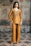 Buy_SAANJH BY LEA_Mustard Tissue, Silk Embroidery, Beads, Sequins, Zari V-neck Saima Kurta Set _Online_at_Aza_Fashions