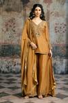 Buy_SAANJH BY LEA_Mustard Tissue, Silk Embroidery, Beads, Sequins, Zari V-neck Saima Kurta Set _at_Aza_Fashions