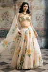 Buy_SAANJH BY LEA_Ivory Organza Beads, Mirrors, Embroidery, Aarvi Blouse And Floral Lehenga Set _at_Aza_Fashions