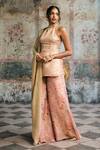 Shop_SAANJH BY LEA_Peach Brocade Embroidery, Lace Halter Aleena Banarasi Kurta Floral Sharara Set _Online_at_Aza_Fashions