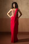 Quench A Thirst_Fuchsia Georgette Embroidery, Sequins, Corset Blouse And Pre-draped Saree Set _Online_at_Aza_Fashions