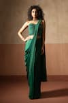 Quench A Thirst_Emerald Green Satin Stones, Pre-draped Saree And Embroidered Corset Blouse Set _Online_at_Aza_Fashions
