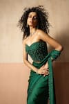 Shop_Quench A Thirst_Emerald Green Satin Stones, Pre-draped Saree And Embroidered Corset Blouse Set _Online_at_Aza_Fashions