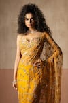 Quench A Thirst_Mustard Net, Satin Embroidery, Sequins, Pearls, Pre-draped Saree And Blouse Set _Online_at_Aza_Fashions