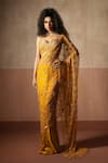 Buy_Quench A Thirst_Mustard Net, Satin Embroidery, Sequins, Pearls, Pre-draped Saree And Blouse Set _at_Aza_Fashions