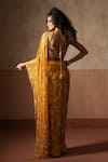 Shop_Quench A Thirst_Mustard Net, Satin Embroidery, Sequins, Pearls, Pre-draped Saree And Blouse Set _at_Aza_Fashions