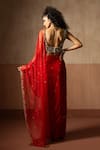 Shop_Quench A Thirst_Red Net, Georgette Sequins, Embroidery Scoop Neck Pre-draped Saree With Blouse _at_Aza_Fashions