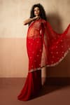 Quench A Thirst_Red Net, Georgette Sequins, Embroidery Scoop Neck Pre-draped Saree With Blouse _Online_at_Aza_Fashions