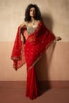 Shop_Quench A Thirst_Red Net, Georgette Sequins, Embroidery Scoop Neck Pre-draped Saree With Blouse _Online_at_Aza_Fashions