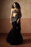 Buy_Quench A Thirst_Black Georgette Embroidery, Sequins, One Shoulder Blouse And Pre-draped Saree Set _at_Aza_Fashions