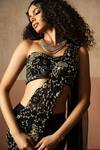 Buy_Quench A Thirst_Black Georgette Embroidery, Sequins, One Shoulder Blouse And Pre-draped Saree Set _Online_at_Aza_Fashions